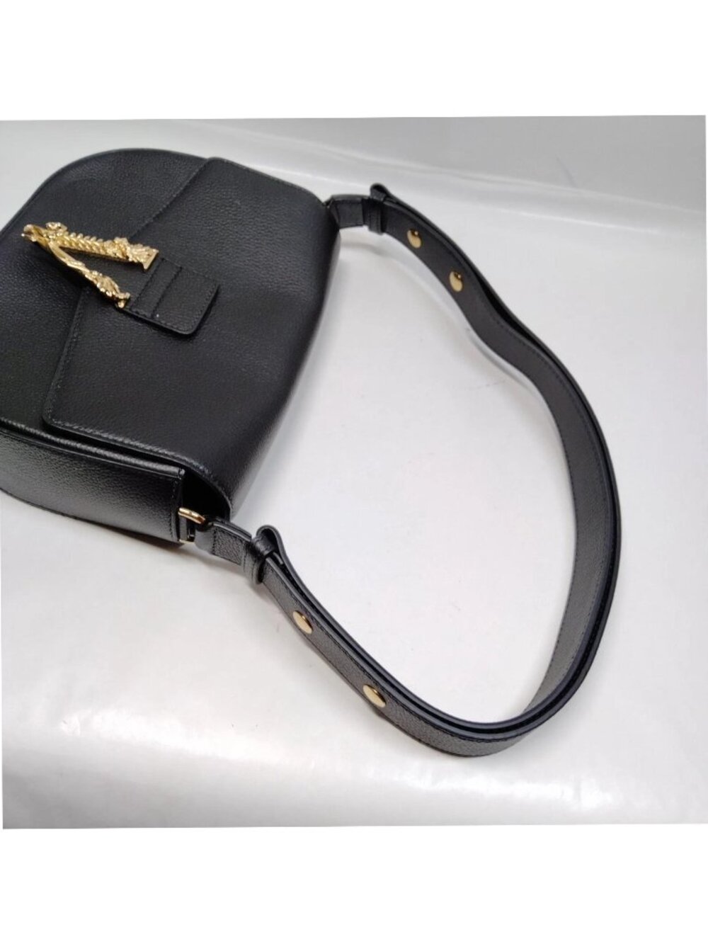 Authentic Versace Virtus Leather Shoulder Bag Black Gold V Logo Crossbody - Picture 7 of 16